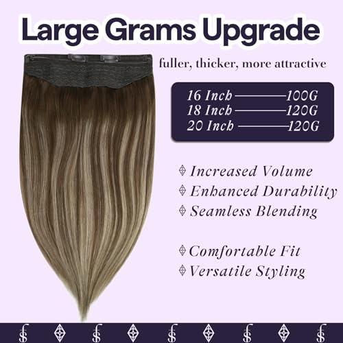 Fshine Invisible Wire Hair Extensions Real Human Hair Balayage Dark Brown to Walnut Brown Mix Honey Blonde 18 Inch Hidden Wire Hair Extensions Fish Line Hairpiece 120G