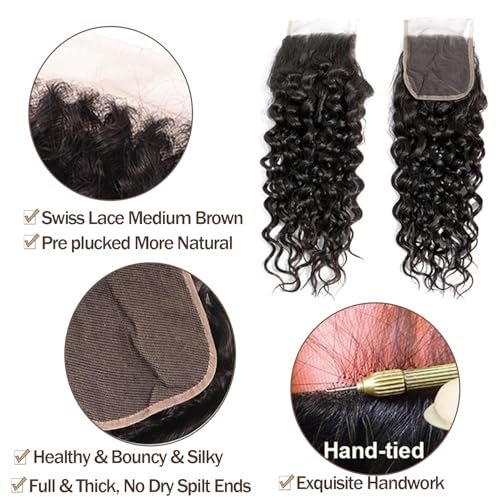 Water Wave Bundles with Closure Brazilian Virgin Human Hair with Closure 10A Wet and Wavy Quick Weave Human Hair Bundles and Free Part Lace Closure Natural Color (22 24 26+20)
