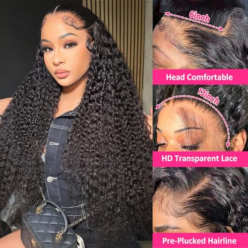 32 inch Deep Wave Lace Front Wigs Human Hair 13x6 HD Lace Front Wig 200% Density Deep Curly Wigs Human Hair Pre Plucked with Baby Hair Natural Color