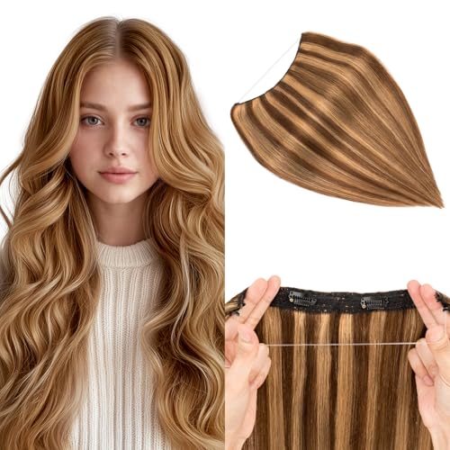 Halo Hair Extensions Real Human Hair, MY-LADY Adjustable Halo Extensions Real Human Hair, 22 inch Blonde Women's Long Wavy Hair Invisible Wire Hair Extensions Thick End(100g)