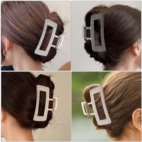 3.5 Inch Square Metal Large Claw Clips, 4 Pack Rhinestones Hair Clamps for Women and Thinner,Thick hair styling,Strong Hold jaw clips