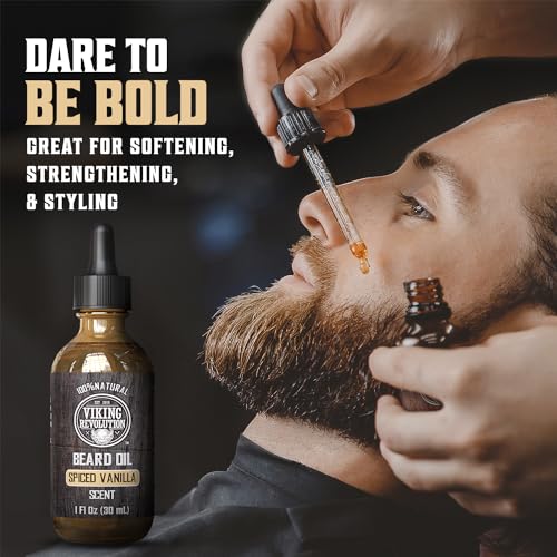 Viking Revolution Beard Oil for Men - All Natural Beard Oil Spiced Vanilla Scent with Argan Oil & Jojoba Oil Beard Conditioner and Softener - Strengthens Beards and Mustaches for Men (2 Pack)