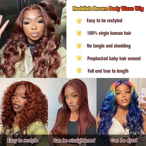 Long Reddish Brown Wig Human Hair 13x4 HD Transparent Lace Front Wigs 200% Density Glueless Wgs Pre Plucked with Baby Hair Auburn Red Colored Lace Frontal Wigs for Women 30 Inch.