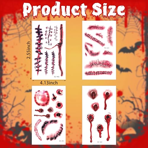 Halloween Decorations, 32PCS Halloween Tattoos Stickers, Scary Zombie Makeup, Relistic Fake Scars Wounds, Body Fake Blood Tattoos for Women Party Favors for Chucky Cosume Cosplay Sticker