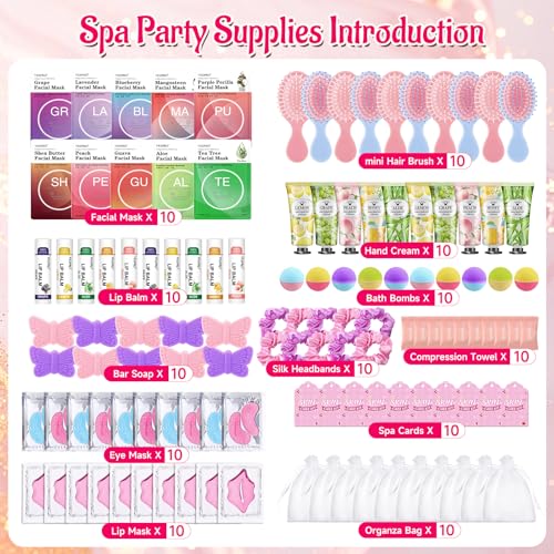 VESPRO 110PCS Spa Party Supplies for Girls Spa Party Favors Include Face Masks Skincare,Hand Cream,Lip Balm,Eye Patches,Lip Mask,mini Hair Brush, Stocking Stuffers for teen Girls£¬Sleepover Party gifts