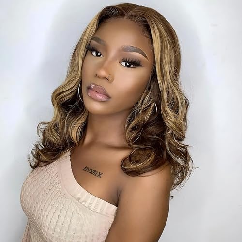 ISEE Wear Go Glueless Wigs Human Hair Pre Plucked Pre Cut Short Bob Body Wave Lace Front Wigs Human Hair for Women Upgraded Glueless Bob Wig 7x5 HD Lace Closure Wigs (Highlight Ombre, 16 Inch)