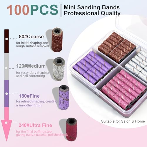 100Pcs Mini Nail Drill Bits Small Sanding Bands for Nail Drill with 3 mm Mandrel Bit, 80 120 180 240 Fine Grit Nail File for Acrylic Nails Gel Manicures and Pedicure(100pcs)