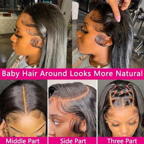 30 Inch 13x6 Straight Lace Front Wigs Human Hair Thin HD Glueless Pre Plucked Bleached Tiny Knots Full Lace Frontal Wig Upgraded 14A Soft Hair 200 Dentisty Black Wig