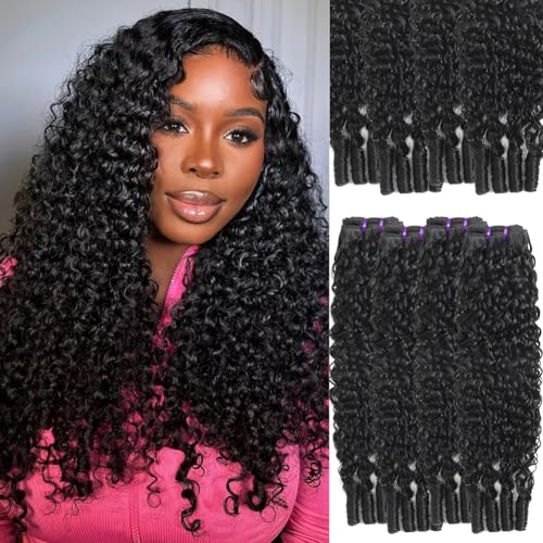 Seekomi Human Hair Burmese Curly Bundles 16 18 20 22 Inch 100% Virgin Water Curly 4 Bundles Human Hair with Spiral Ends Double Weft Quick Weave for Women, Natural Black Color, 400g