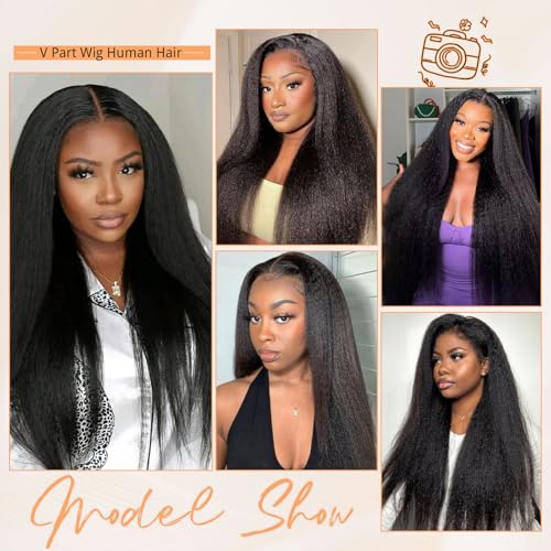 V Part Human Hair Wig Kinky Straight V Part Wig Human Hair for Black Women 24 Inch Glueless Yaki Straight Wigs Clip Upgrade Natural Beginner Friendly Middle Part 200% Density