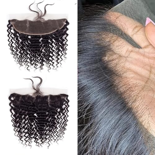 13x4 HD Lace Frontal Closure Deep Wave 18 Inch Ear To Ear Frontal Free Part Closure with Baby Hair Brazilian Virgin Curly Human Hair for Women Pre Plucked Frontals Closure Natural Black