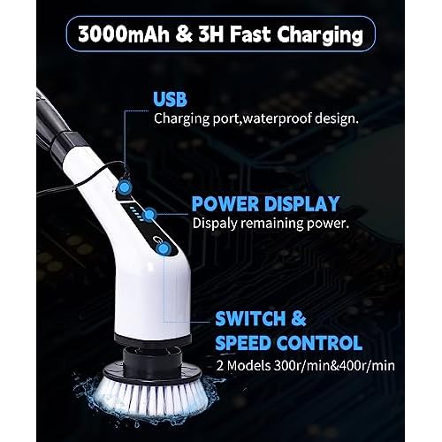 Electric Spin Scrubber Cleaning Brush: Cordless Power Shower Scrubber for Cleaning Bathroom Tub Tiles Car with Long Handle | Portable E Spin Bathtub Spinning Cleaner Scrub Brush Household Use Supplies