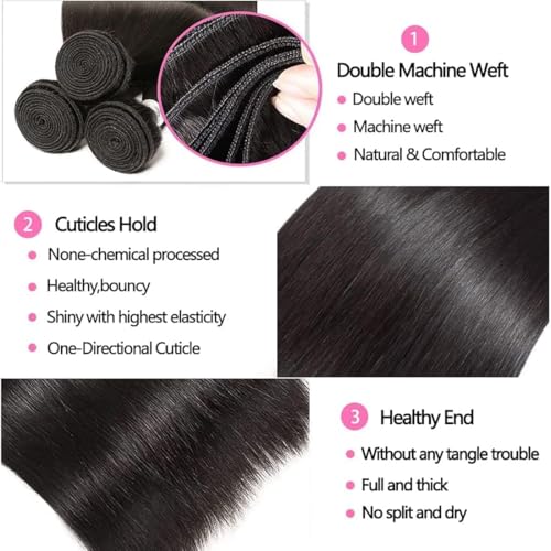 ANGIE QUEEN Peruvian Virgin Hair Straight Hair 3 Bundles 24 26 28 Inch Weaves 100% Unprocessed Human Hair Extentions Wefts Nature Black Color