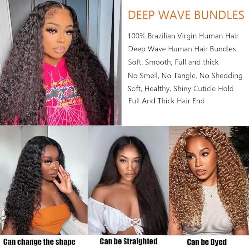 12A Deep Wave Bundles Human Hair Wet and Wavy Bundles 100% Unprocessed Brazilian Virgin Human Hair Weave 3 Bundles Deep Curly Bundles Remy Human Hair Extension Natural Black Color 22 24 26 Inch