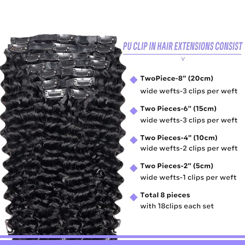Seamless Clip in Hair Extensions Real Human Hair Deep Wave Brazilian Virgin Human Hair for Women 8Pcs PU Clip in Remy Hair Skin Weft with 18Clips 120g 26inch Natural Black