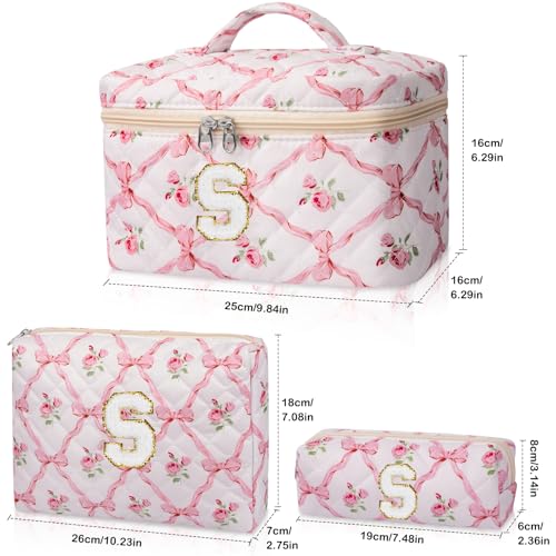 Personalized Initial Makeup Bag Set, Quilted Makeup Bag, Large Floral Cosmetic Bag for Women, Cute Cotton Custom Make up Bags, Flower Travel Toiletry Bag Teen Girl Gift Trendy Stuff Gift S