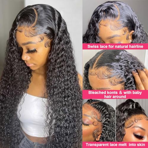 30 Inch Deep Wave Lace Front Wigs Human Hair 13x6 HD Transparent Deep Curly Lace Frontal Wigs 180% Density Glueless Wigs Human Hair pre Plucked with Baby Hair Natural Color