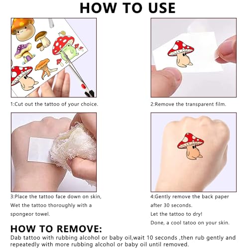 12 Sheets Mushroom Temporary Tattoos for Kids, Mushroom Birthday Party Supplies Decorations Cute Fake Tattoos Mushroom Party Favors for Boys Girls Children Goodie Bag Fillers Party Gifts Stickers