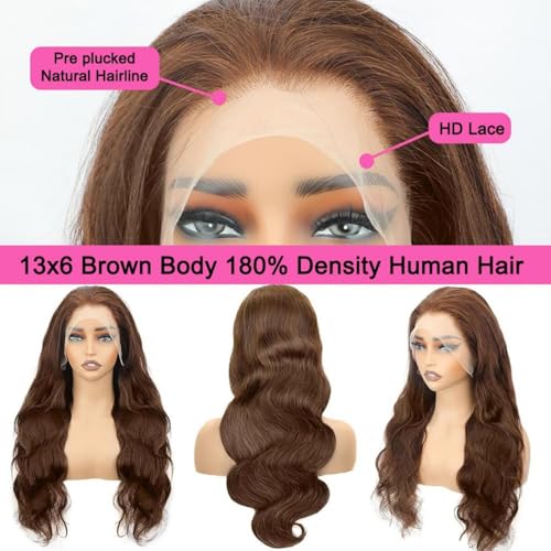 Chocolate Brown Body Wave Wig Human Hair 30 Inch 13x6 Body Wave Lace Front Wig Human Hair Unprocessed Virgin Remy Hair Glueless Brown Wigs with Baby Hair Pre Plucked for Women