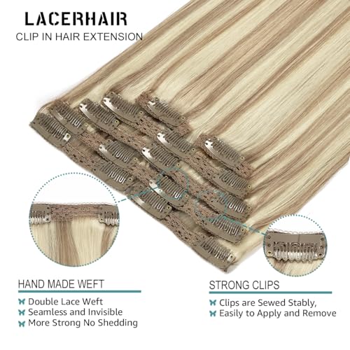 Lacer Hair Clip In Hair Extensions Human Virgin Hair Thick Weft Light Brown And Platinum Blonde Highlights Color Metal Clip Salon Quality Straight Clip In Hair Extension 7 Pieces 140 Gram 22 Inch