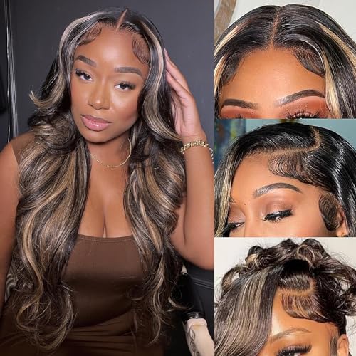 32 Inch 1B/27 13x6 Balayage Highlight Ombre Body Wave Lace Front Wigs Human Hair Honey Blonde Colored Lace Frontal Glueless Wigs Human Hair Pre Plucked for Women with Baby Hair