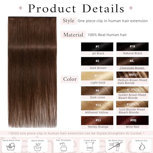 SEGO One Piece Clip in Extensions, 5 Clips Real Human Hair Extensions, Long Straight, 10 inches, #04 Chocalate Brown