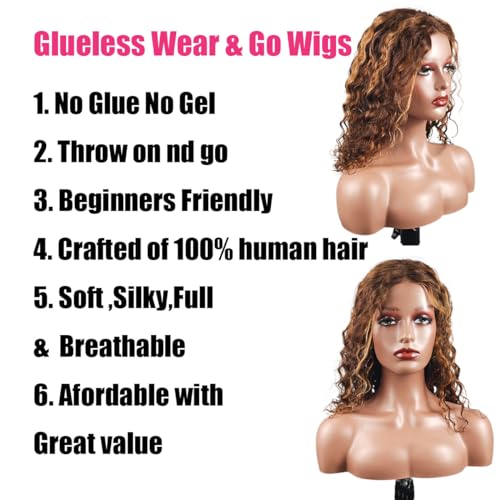 Ombre Bob Wig Human Hair 4/27 Highlight Wear and Go Glueless Wig Deep Wave Curly Honey Blonde Lace Front Bob Wigs 180 Density 12 Inches
