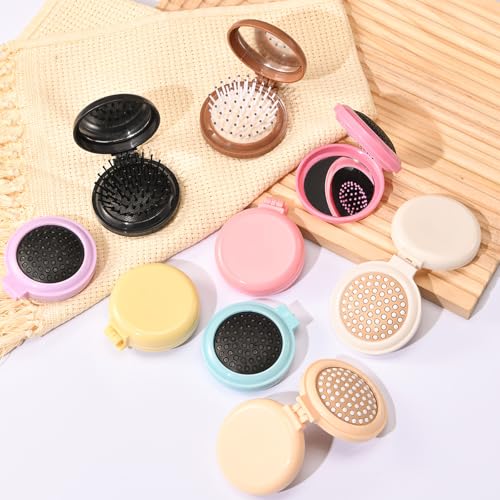 9 Pack Mini Hair Brush Foldable Travel Hair Brushes with Mirror Round Portable Folding Pocket Hair Brush Mini Comb Compact Travel Size Massage Comb for Men Women