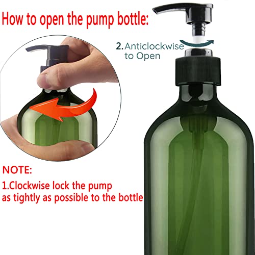 FOOCHY 6 Pack Empty Plastic Bottles with Pump Dispenser and 6pcs Labels Included, Refillable Travel Containers for Hand sanitizer Shampoo Lotion, etc - No BPA/Paraben, 500ml/16.9oz (Green)