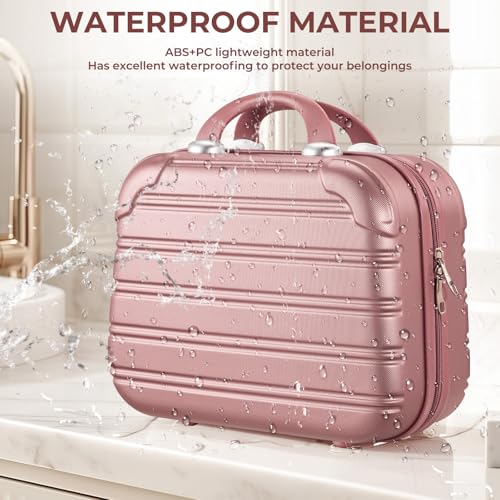 Noverlife 14in Hard Shell Makeup Travel Case, Portable Cosmetic Train Case with Elastic Band, Pressure-proof ABS Carrying Makeup Suitcase, Cosmetic Travel Hand Luggage Bag Organizer - Rose Gold