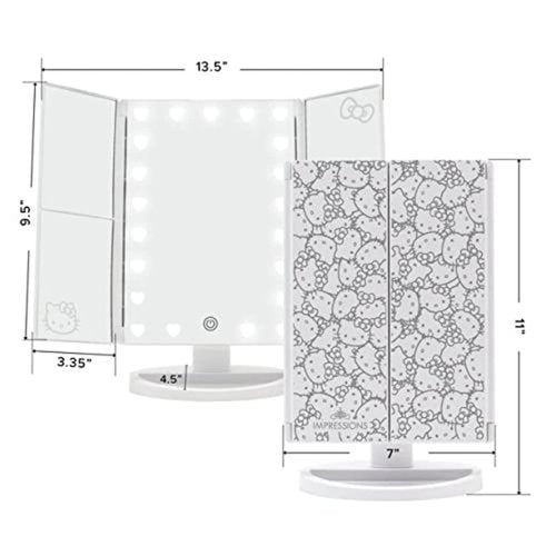 Impressions Vanity Hello Kitty Trifold LED Mirror, Desk Mirror with Lights and Touch Sensor Switch, Lighted Makeup Mirror with 2X and 3X Magnifying (White)