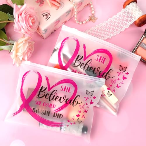 Jansun 50 Pcs Breast Cancer Awareness Make up Bag Pink Ribbon Cosmetic Bags Zipper Travel Toiletry Bag Breast Cancer Survivor Gifts for Woman Girls Charity