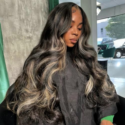 13x6 Ombre Black to Balayage Highlights Lace Front Human Hair Wig 210% Density Loose Body Wave Black to Ash Blonde Highlight Tone Wig Custom Hd Lace Wig Pre Plucked for Any Occasions 26Inch