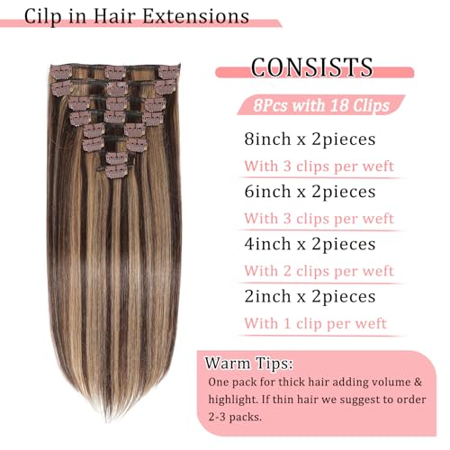 Clip in Hair Extensions Real Human Hair Clip in Extensions for Women Seamless Balayage Dark Brown to Chestnut Brown Straight Remy 100% Human Clips ins Extension 8pcs Double Weft 22 inch 4oz/110g
