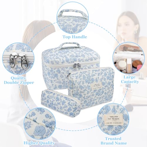Makeup Bag, Large Quilted Cosmetic Bag, Big Floral Make Up Bag for Women Girls, Cute Cotton Makeup Bag Set, Flower Travel Toiletry Organizer Bag (Blue Flower)