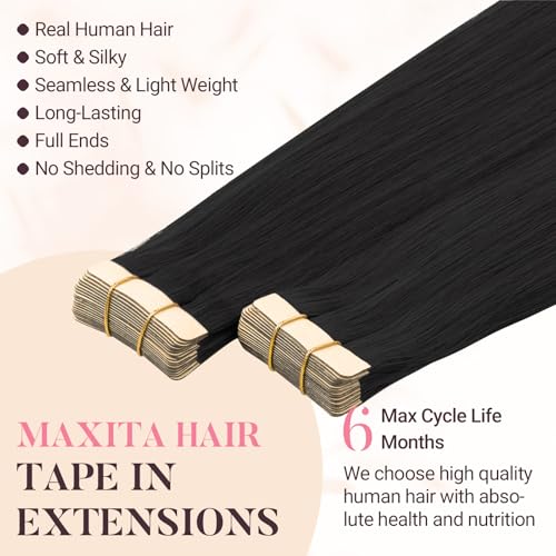 MAXITA Tape in Hair Extensions 1B Natural Black 24 Inch 100g 40pcs Thick Ends Remy Human Hair Seamless Straight Invisible Tape in Extensions