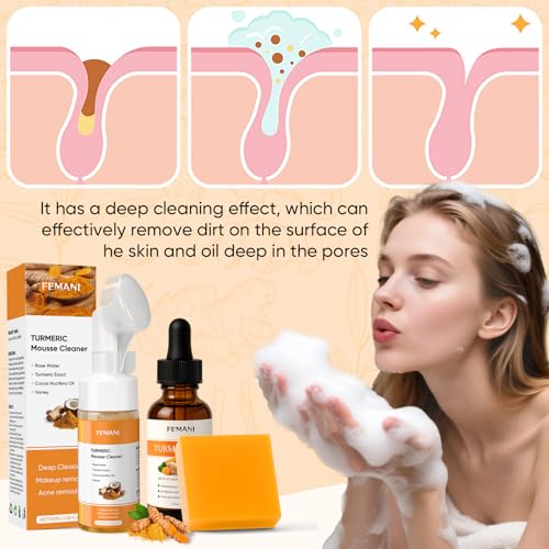 Turmeric Face Wash Set, Turmeric Facial Cleanser& Soap Bar & Oil for Face & Body Suit to All Skin Type, Protect Sensitive Skin Improve Skin Condition Soothing Irritation