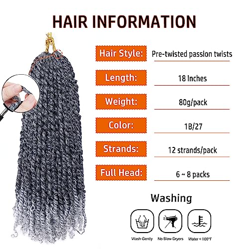 Passion Twist Hair 18 Inch Pre-twisted Passion Twist Crochet Hair for Women Pre-looped Water Wave Crochet Braids Bohemian Curly Crochet Hair Synthetic Hair Extensions 8 packs 1B/Gray