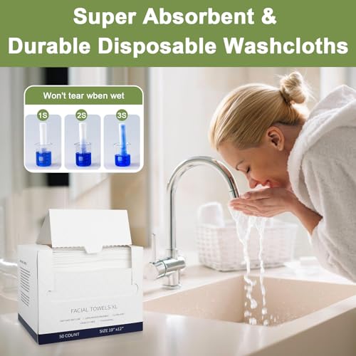 Disposable Face Towels, 50 Count Ultra Soft Biodegradable Facial Cleansing Cloths, Lint-Free Makeup Remover Cloth in Paper Box