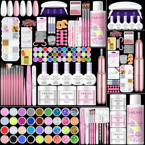 SAVILAND Essentials Acrylic Nail Kit: Premium Easy All-in-1 Nail Kit with Clear White Pink Acrylic Powder EMA Monomer Nail Drill Full Tools For Beginners Extension Carving Home DIY
