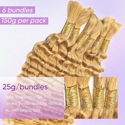 Human Braiding Hair 150g 24 Inch Boho Braids Human Hair Deep Wave Blonde Boho Hair For Braiding 6 Bundles/Pack No Weft Boho Human Braiding Hair Curly 27#