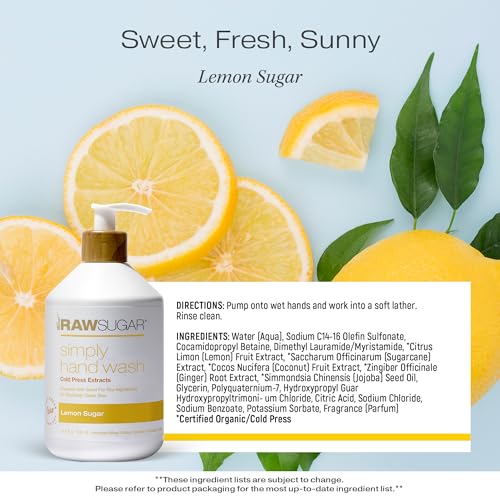 RAW SUGAR Simply Hand Wash, 16.9 Fl Oz (Pack of 3) Lemon Sugar Liquid Hand Soap for Kitchen or Bathroom, Cleanses & Refreshes Hands, Formulated without Sulfates & Parabens