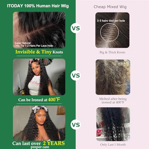 ITODAY 30 Inch Curly Lace Front Wigs Human Hair 200% Density 13x6 HD Lace Frontal Wigs Human Hair Pre Plucked Deep Wave Curly Glueless Wigs Human Hair for Women