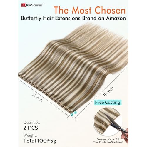 WIGNEE OVO Butterfly Hair Extensions Real Human Hair Blonde Ombre 18 Inch Seamless Invisible Glueless Salon Quality with Micro Beads Add Volume & Length for White Women(9A/60)