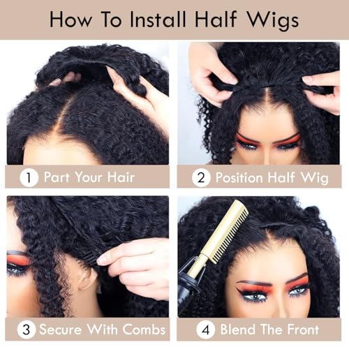 LESLY 24 Inch Kinky Curly Half Wig Human Hair 200 Dnsity 3 IN 1 Half Wig With Drawstring Seamless Clip Ins Flip Over Glueless Wigs Beginner Friendly Headband Wig For Women.