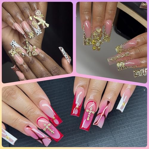 64 Pcs Gold Nail Charms and Gems Y2k Charms for Nails Design Metal Nail Jewels for Nail Art 3D Nail Bow Cherry Butterfly Star Cross Heart Money