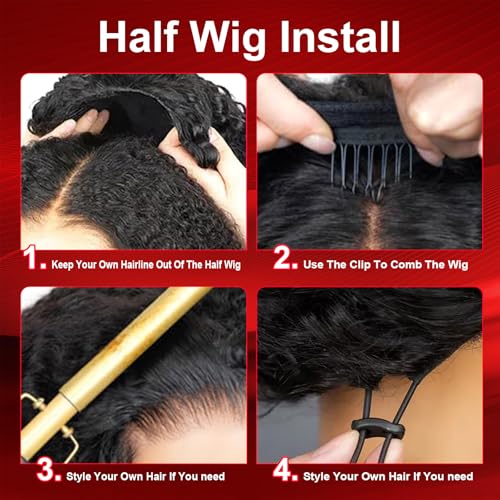 Kinky Curly Half Wig Human Hair 200% Density Curly 3 In 1 Half Wig Seamless Drawstring Wear Go Glueless Wigs Human Hair for Women Headband Wig Beginner Friendly