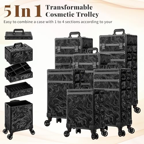 Profesional Rolling Makeup Train Case with Lid, 5 in 1 Cosmetology Case on Wheels, Large Cosmetic Trolley Organizer Travel for Hairstylist Artist Nail Beauty Salon Barber, Black Ink