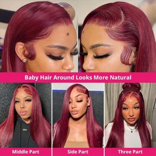 NICY Cherry Red Burgundy 99J Colored 13x4 Lace Frontal Wig Malaysian Straight Transparent Lace Front Human Hair Wigs Pre-Plucked(20inch, 13X4)