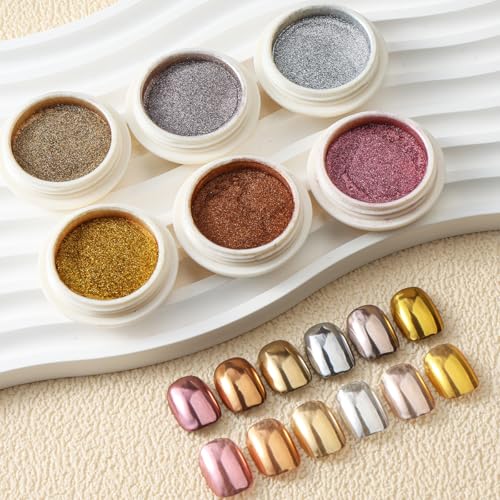 6PCS Chrome Nail Powder Metallic Mirror Pigment Glitter Effect Holographic Powder for Nails, Rose Gold Silver Champagne Rubbing DIY Dust for Nail Designs Decoration Supplies